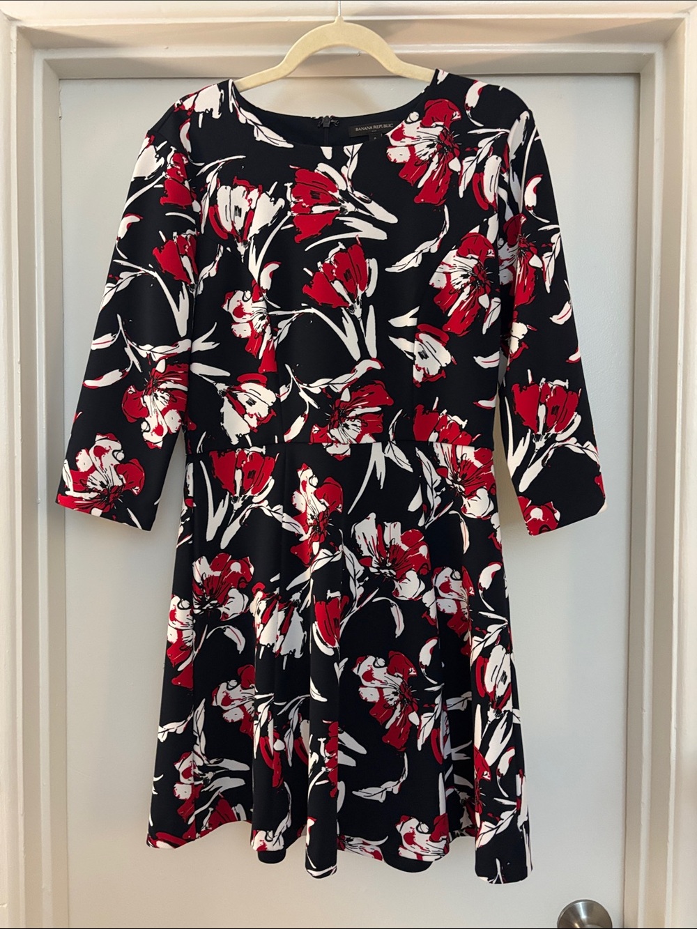 Banana Republic Black Floral Long-Sleeve Fit & Flare Dress